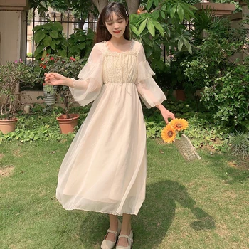 

New Summer Chiffon Dresses Womens 3/4 Sleeve Slim Waist A Line Vintage Lace Dress Cute Sweet Vestidos Korean Style Clothes