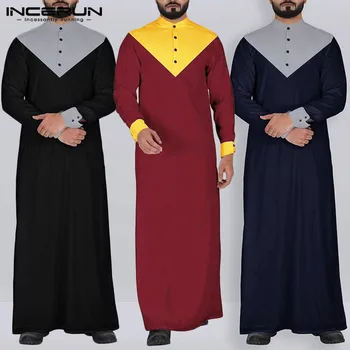 

INCERUN Men Islamic Muslim Kaftan Robes Patchwork Vintage Arabic Stand Collar Jubba Thobe Long Sleeve Men Indian Clothes S-5XL