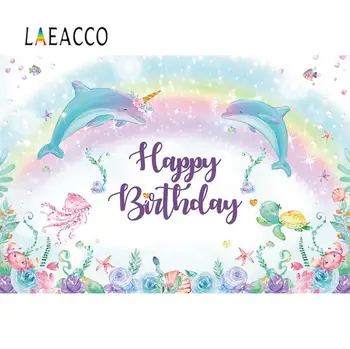 

Laeacco Mermaid Rainbow Shiny Star Shell Baby's Birthday Customized Banner Photography Backgrounds Photo Backdrop Photo Studio