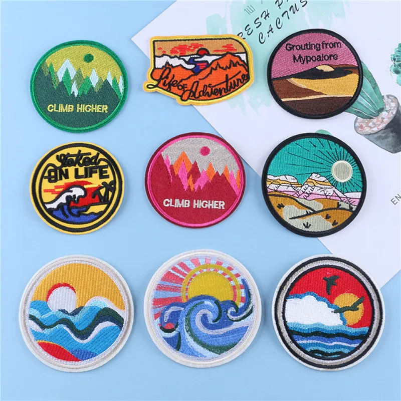 Polyester Landscape Patches Iron on Clothing Thermoadhesive Appliques DIY Embroidered Round Badge Backpack Clothes Hat Jeans | Дом и сад
