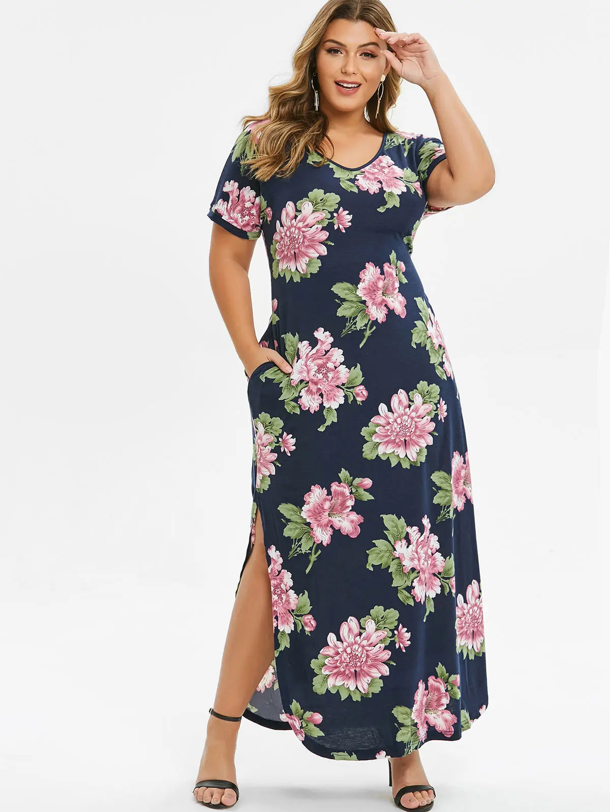 

Rosegal Women Plus Size Bohemian Dress Floral Slit Seam Pockets Short Sleeve Maxi Dress Elastic Straight Beach Dress Robe Femme