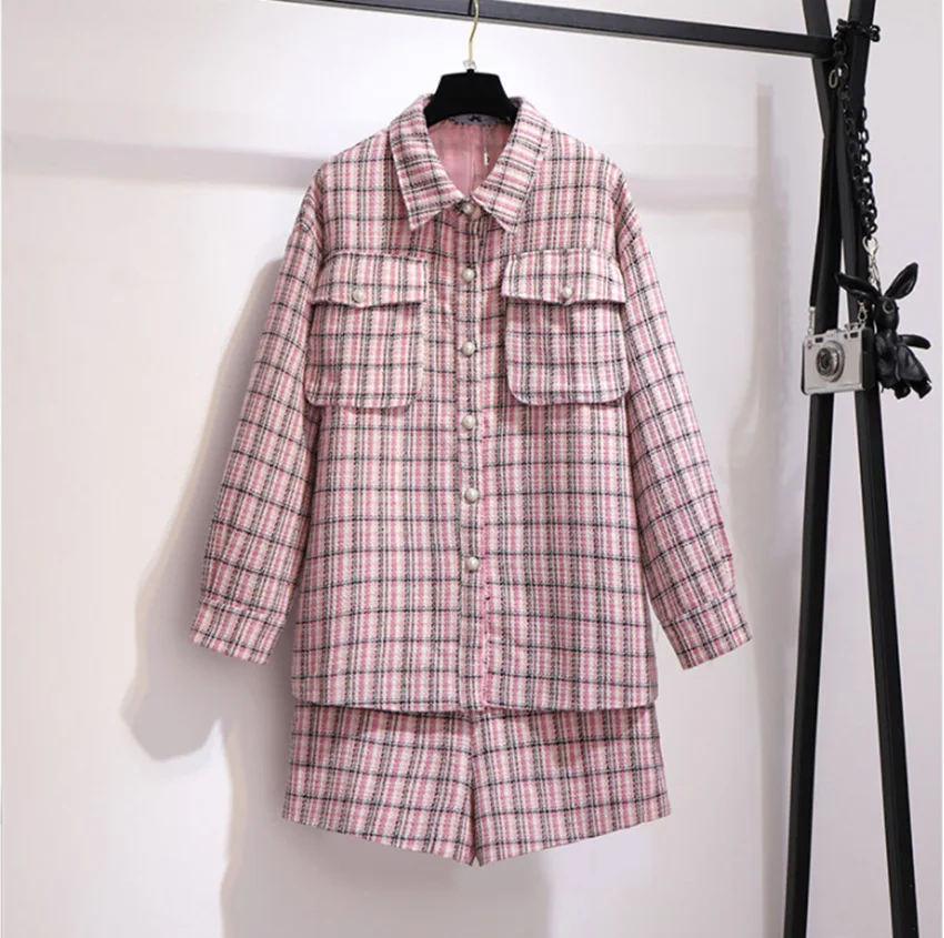 HAMALIEL 2XL-6XL большой размер женский твид 2 шт Набор осень зима розовый плед шерстяной свободный жакет пальто+ эластичный пояс шорты набор