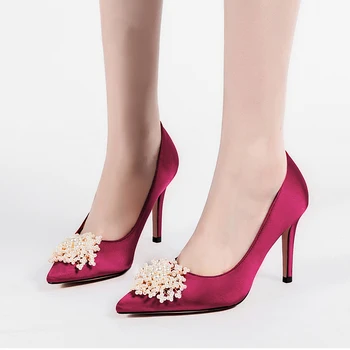 

Women Pumps Wedding Shoes Female Sexy High Heels Pearl Silk Fashion Shoes Brand Wedding Pumps Comfortable 2020 New Arrival DE