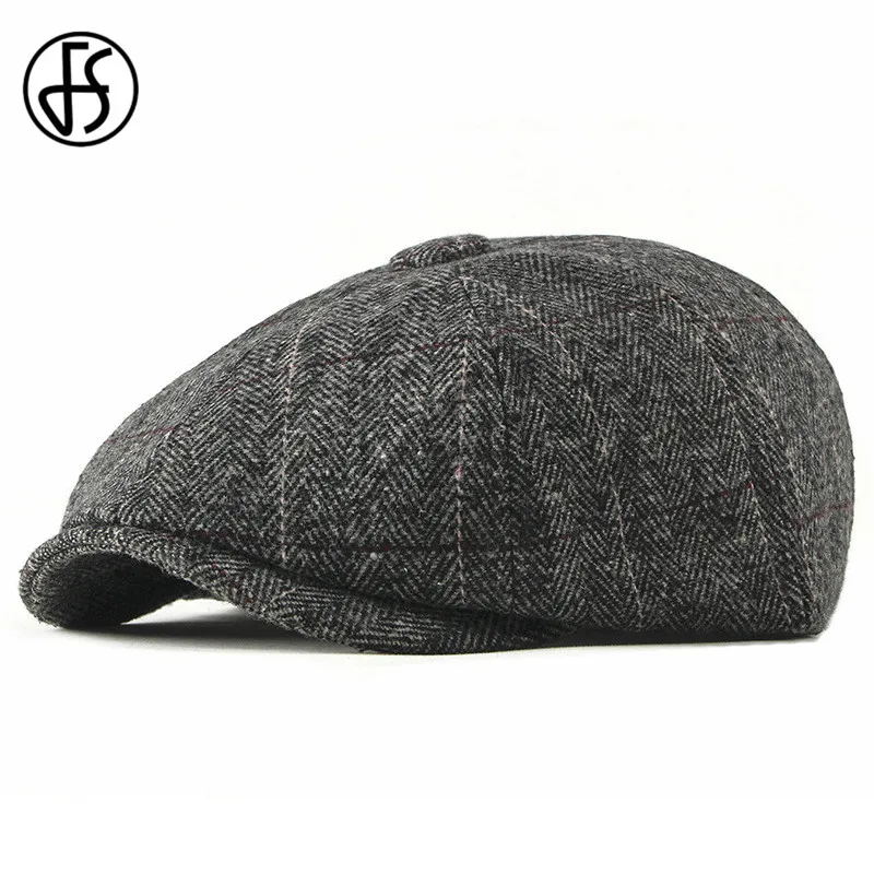 

FS Mens Striped Flat Beret Cap Wool Grey Winter Autumn Vintage Warm Newsboys Hats Male British Cabbie Octagonal Gatsby Caps