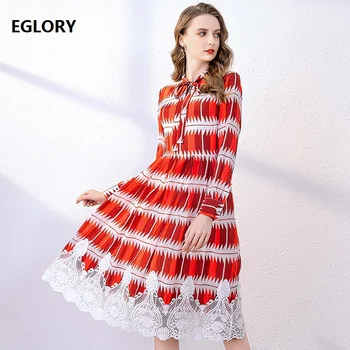 

Top Quality Silk Dress 2020 Spring Luxury Women Bow Collar Geometric Prints Lace Patchwork Long Sleeve Mid-Calf Length Dress