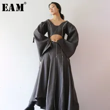 [EAM] новая весенняя коричневая клетчатая юбка с завышенной талией и неровным подолом на бретелях, женская модная юбка JI330