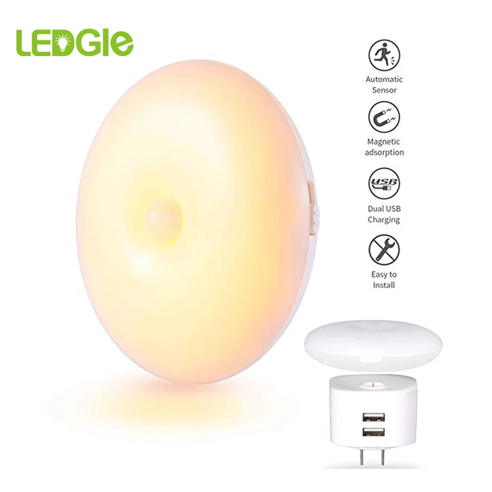 

1.5W Motion Sensor Night Light with Dual Charging Sockets Rechargeable 220V LED Night Lamp Warm White Wireless Indoor Lighting