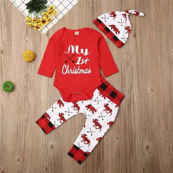 

0-18months 3pcs Xmas Newborn Clothes Set My Christmas Letter Long Sleeve Baby Girls Rompers Elk Long Pants Girls Hats Baby Set