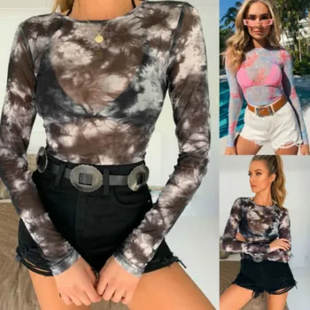 

Women Fashion Long Sleeve O-neck Shirt 2019 Autumn Transparent Blouse Slim Casual Tops Female