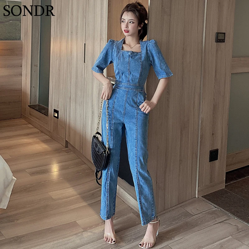 

New Summer Korean Denim jumpsuit Age-Reducing Square-Neck Bubble-Sleeved Back Zipper Design Feels Thin Nine-Point Pants 2020