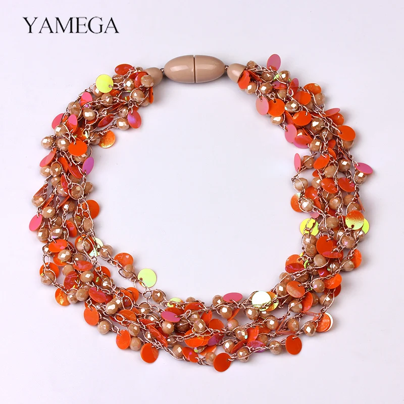 YAMEGA ожерелье из бисера с кристаллами и пайетками ручной работы, отличное качество, цепочка с нагрудником, колье, массивное ожерелье для женщин