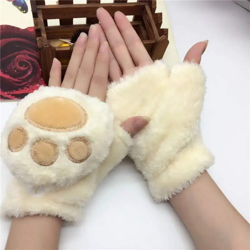 Женские зимние утолщенные плюшевые милые перчатки с когтями когтей медведя контрастный цвет безпальцевые трансформируемые рукавицы для запястья