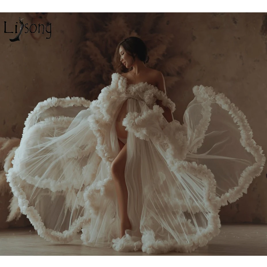 Luxury Bridal Tulle Robes Custom Made Long Sheer Women Tulle Maternity Dressing Gowns Dresses Ruffled Tulle Dress