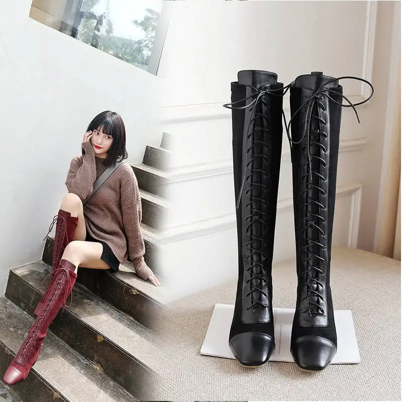 Dilalula Cow Leather Knee High Boots Women Autumn Winter Riding Boots Ladies Lace Up High Heels Autumn Stretch Long Boots