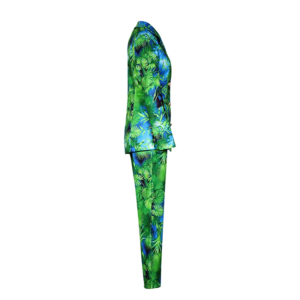 Fashion Autumn Winter Women Pant Suit Green Print Single Breasted Blazer Jacket & Pant 2020 Office Two Piece Set Blazer Suit