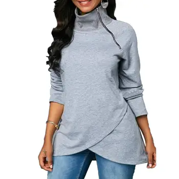 

Chic Women Autumn Stand Collar Diagonal Zipper Front Cross Wrapped Sweatshirt Lady's solid round neck cardigan