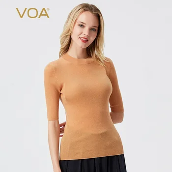 

VOA Multicolor Round Neck Five Point Sleeves Tight Slim Simple Literary Base Wear T-Shirt Women Harajuku BG062