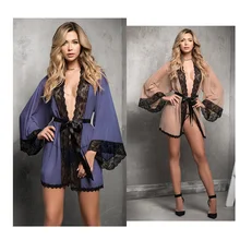 Sexy Nightgown Women With Lace Mesh Flare Sleeve Mini Sexy Bathrobe For Ladies