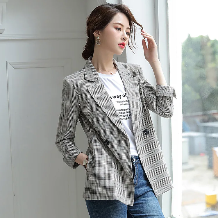 

2019 Spring And Autumn New Style CHIC Casual Small Suit Network Red Plaid Coat Female Suit Retro Women's Long-Sleeve Suit