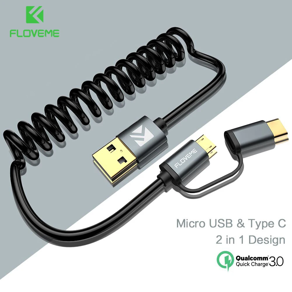 Выдвижной USB-кабель FLOVEME QC 3 0 кабель Micro USB Type-C пружинное быстрое зарядное
