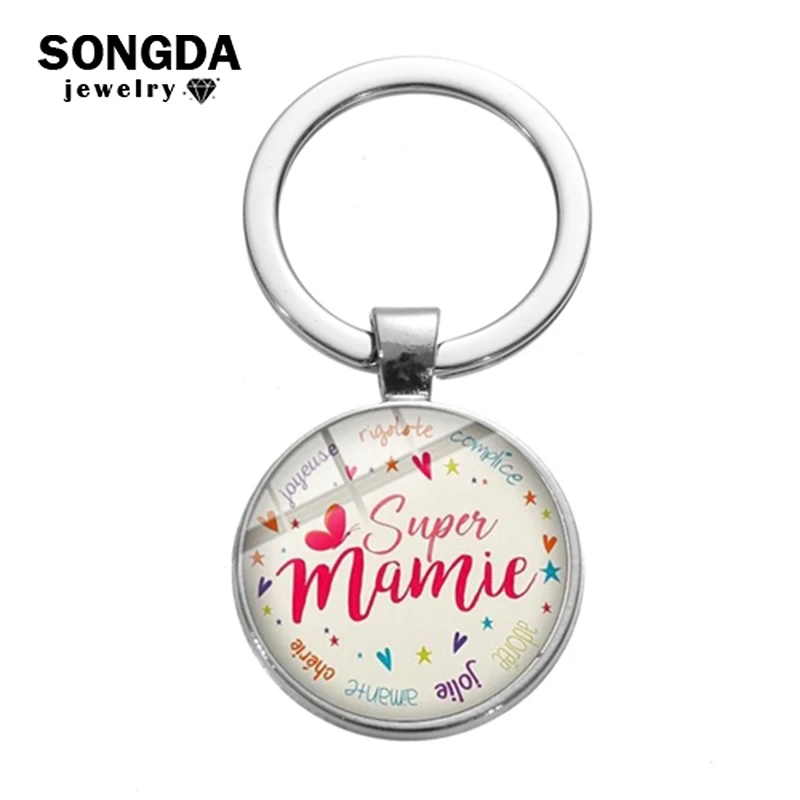 

Super Mamie Papy Keychain Love Grandpa and Grandma Family French Letters Glass Cabochon Pendant Metal Keyring Gift For Relatives