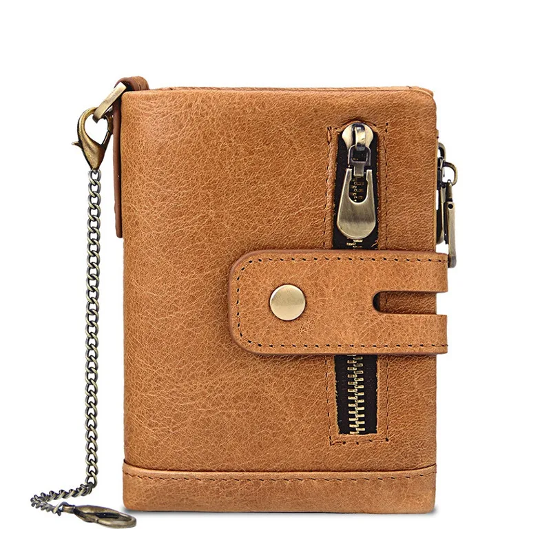 Brown with Chain Модный женский кошелек из натуральной кожи, женские кошельки на застежке с двойной молнией, дизайнерский Кошелек для монет, ID держатель для карт, тонкий кошелек унисекс - Цвет: Brown with Chain