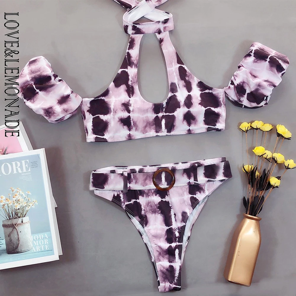 

LOVE & LEMONADE Purple Halter Cut Out Short Sleeve Tie-Dye Bikini LMSW08
