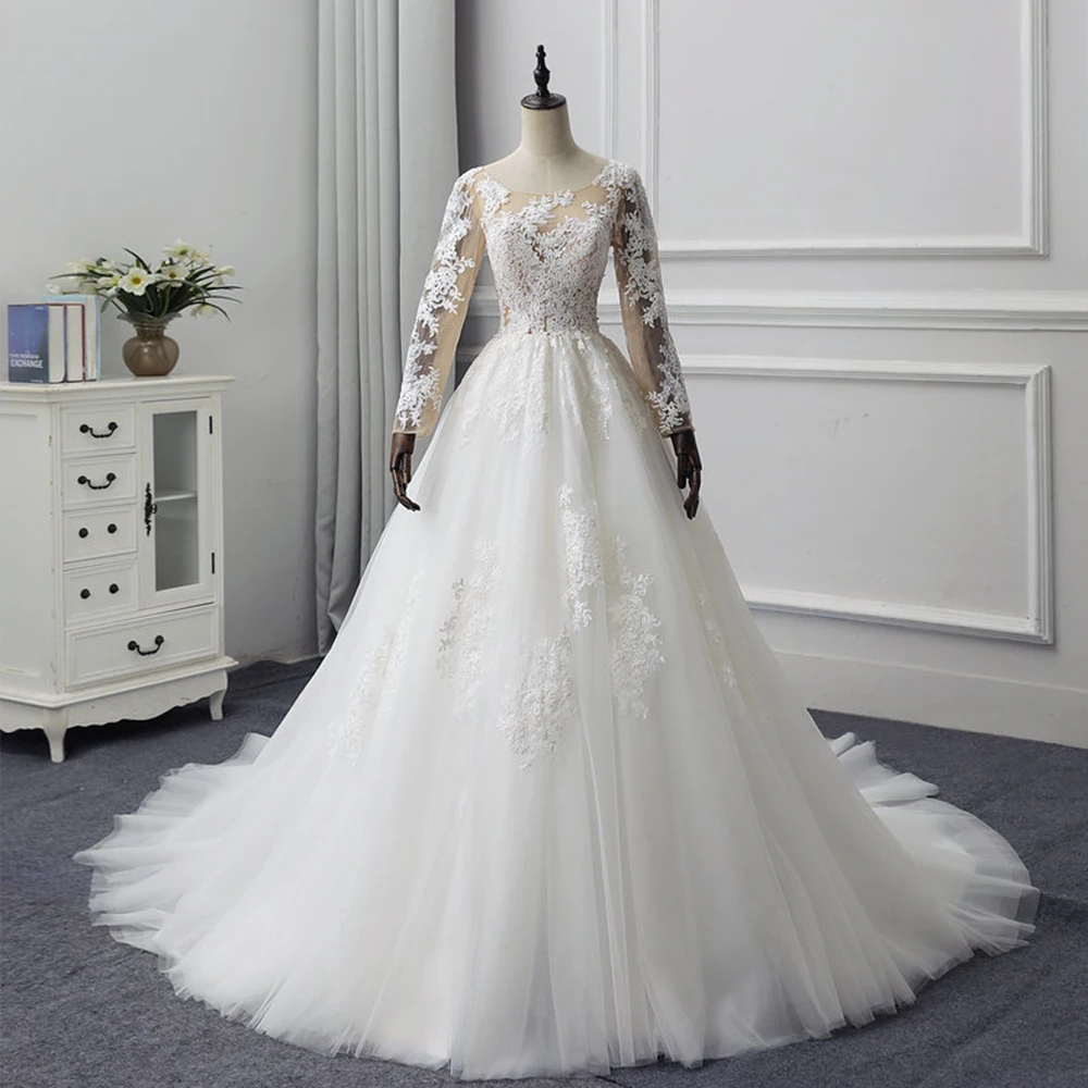 Abito da Sposa/свадебное платье трапециевидной формы с длинными рукавами, большие размеры, роскошное брейдсюркен с аппликацией, фатиновое платье принцессы de Mariage