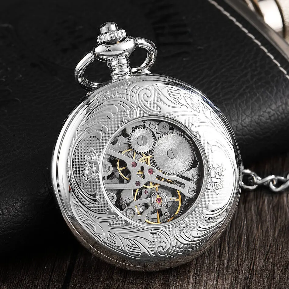 Bronze Silver Mechanical Pocket Watches Mens Steampunk Skeleton Fob Watches Clip Chain Clock Gifts For Men Reloj De Bolsillo
