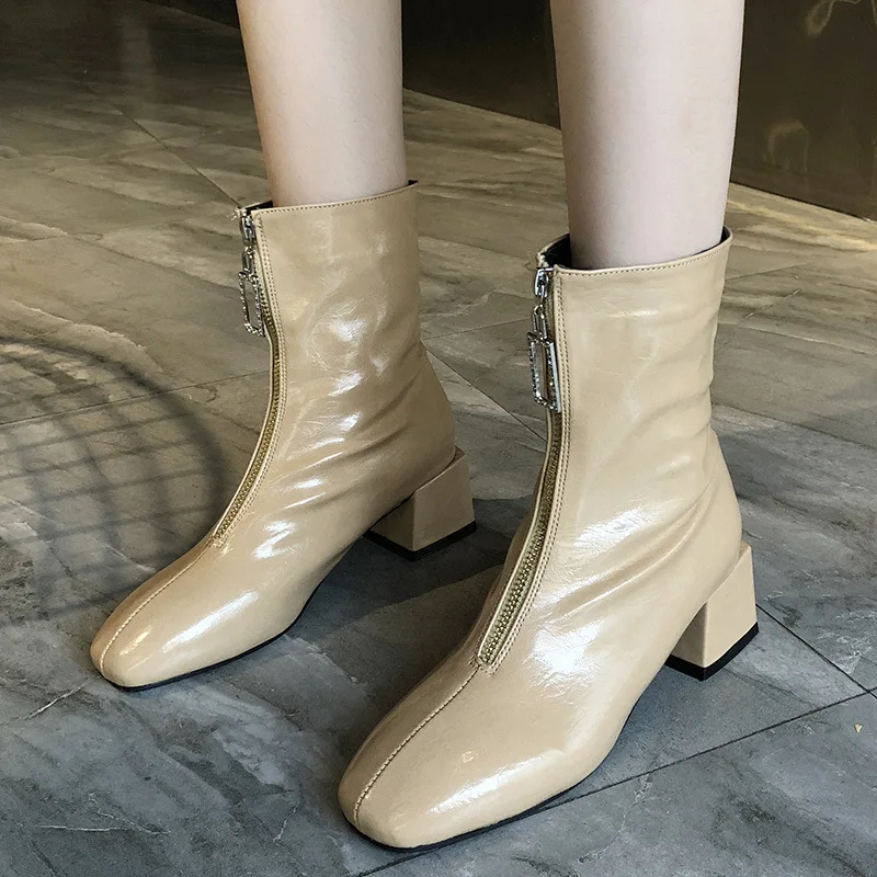 

Autumn And Winter Chunky-Heel Square Head Front Zipper Short Boots Children Square Head ou mei liang Leather Martin Boots Semi-h