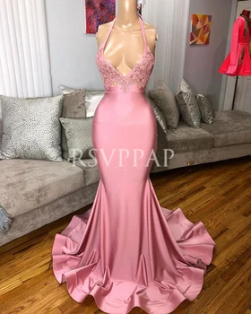 

Pink Mermaid Prom Dress 2020 Long Elegant Real Pictures Sexy Backless V-neck Beaded Top African Black Girl Prom Dresses