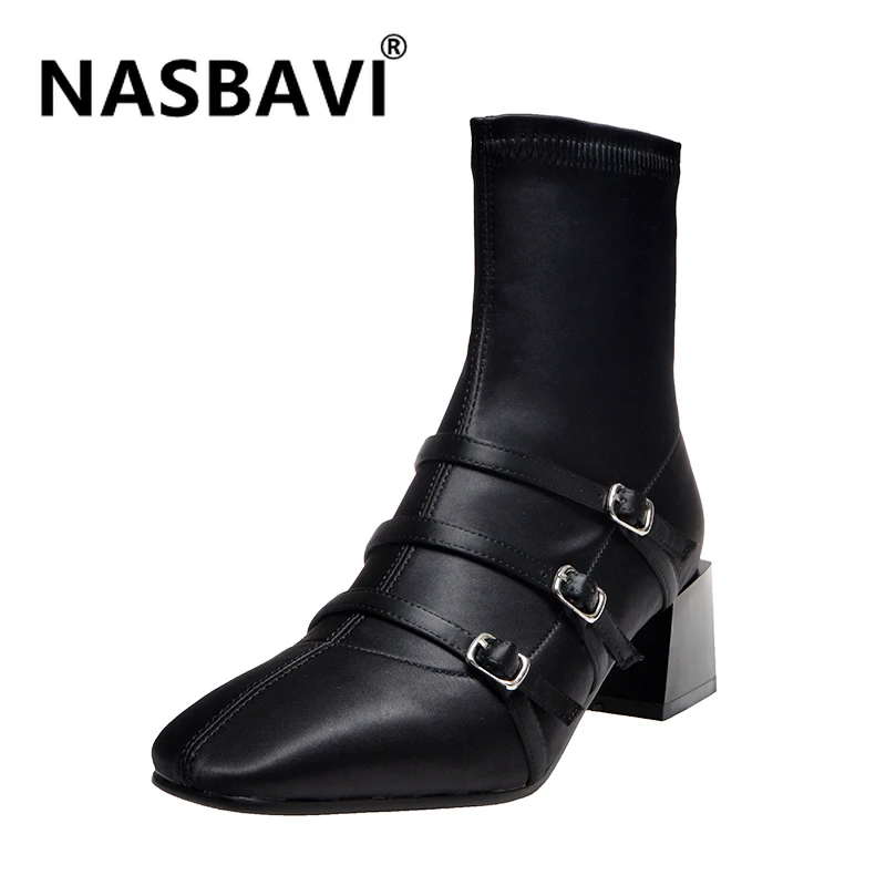 

2020 women soft ankle boots silk square toe high heels Metal belt buckle decoration boots autumn spring zipper soft short boots