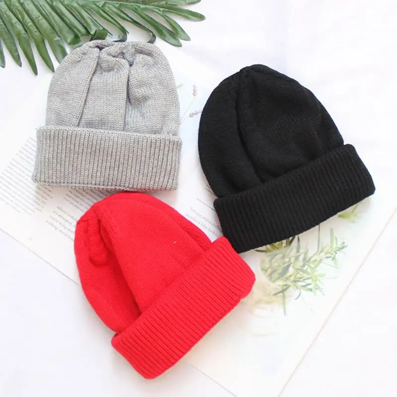 Adults Kids Winter Windproof Warm Knitted Round Top Skull Cap Solid Color Casual Adjustable Brimless Roll Up Cuffed Beanie Hat