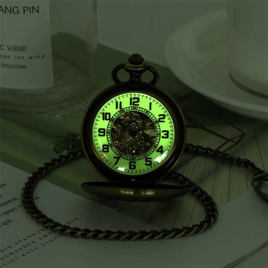 

Luminous Green Dial Mechanical Pocket Self-Winding Pendant Clock Bronze Hanging Bronze Chain Vintage Timepiece Gifts