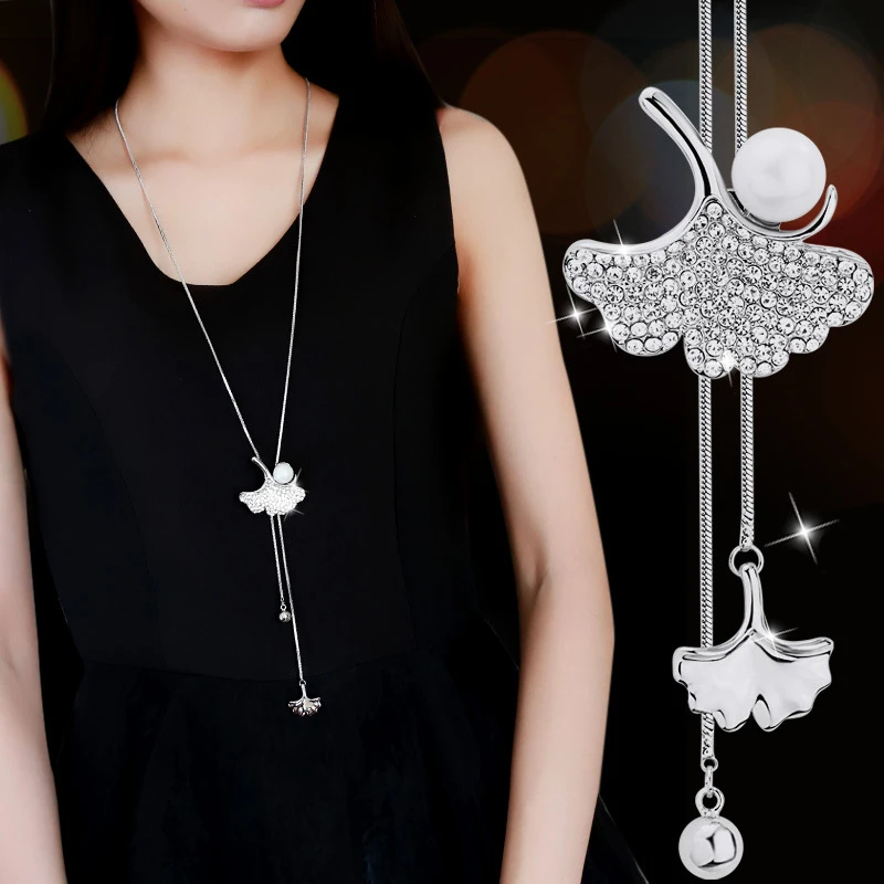 Новинка, кольца, массивное ожерелье s& Кулоны для женщин, винтажное длинное ожерелье с кристаллами, женское колье, женские вечерние ювелирные изделия, подарок - Окраска металла: Silver Ginkgo