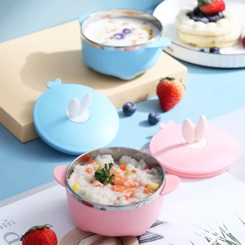 

Cartoon Stainless Steel Baby Bowl with Cover Insulation Food Container Thermal Learning Infant Feeding Bowl Home Kids Tableware