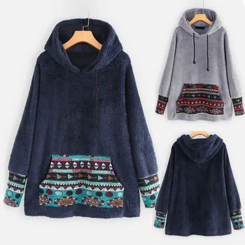 

Plus Size Autumn And Winter Womens' Casual sweatshirt толстовка толстовки Plush Floral Patchwork Sweatershirt Hoodie Pocket #3