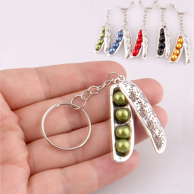 

10pcs Creative Pea Plant Keychains 7mm Faux Pearl Red Black Green Beads Alloy Bean Pod Pendants Key Chains Trinket Key Ring