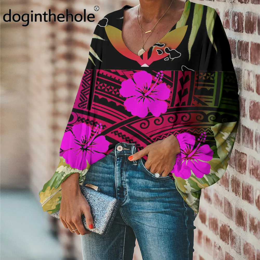 

doginthehole Polynesian Tribal Flowers Pattern Chiffon Shirt Women Fashion Floral Print Tops Plumeria Flower Design Lady Blouse