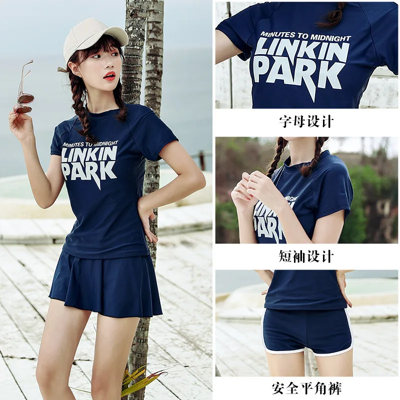 

Bathing Suit Female Sports Three-piece Set Small Bust Skirt Conservative Belly Covering Boxer 2019 New Style Students Swimwear