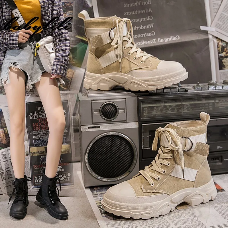 

2019 New Women Boot Fashion Women Ankle Boots Shoes Women Rubber Thick Bottom Autumn Canvas High-top Cool Girl Lace-up Boots