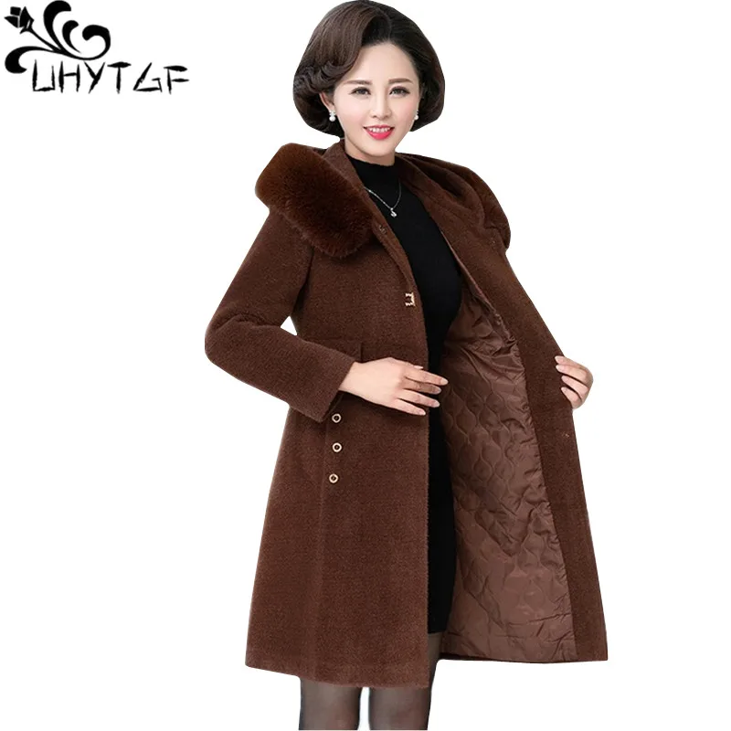 #*Cheap UHYTGF Winter coat women fashion fur collar casual 5XL plus size jacket quality Mink Cashmere Thicken warm wool coat female 1041
