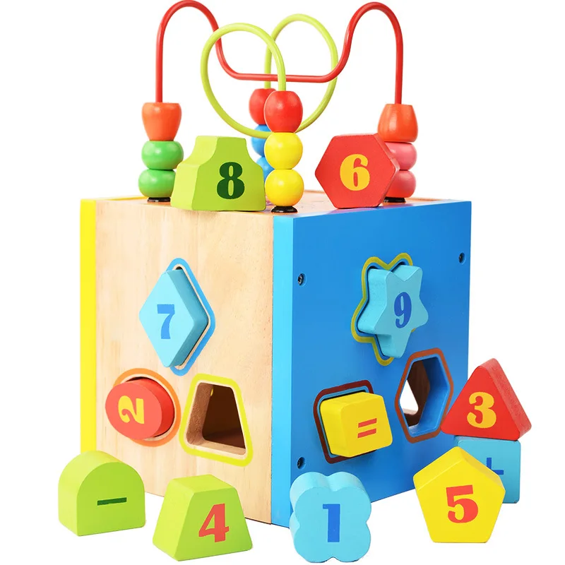 

CHILDREN'S Wooden Toy 12 Hole Bead-stringing Toy Intelligence Box Stereo Geometric Shapes Educational Bead-stringing Toy Buildin