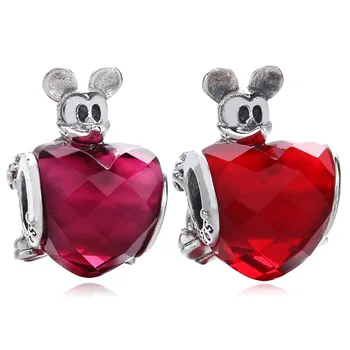 

New 925 Sterling Silver Bead Charm Rose & Red Mickey Love Heart With Crystal Beads Fit Pandora Bracelet Bangle Diy Jewelry