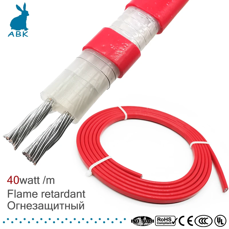 Длительный срок службы 40 Вт 9 мм огнестойкий нагревательный кабель силиконовой резины PTFE кровельные трубы дороги оттепель разморозки изоляции нагревательный круг