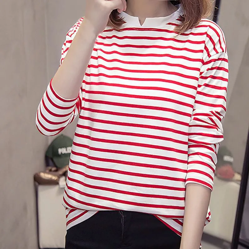 

Women Summer Stripe Print Tshirt Korean Fashion V Collar Loose Tops Casual Long Sleeve T-Shirt Women Clothes 2019 New