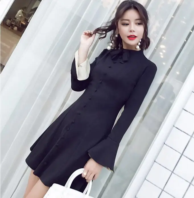 

2017 Dress Winter New Style Korean-style Slimming Bell Sleeve Fashion WOMEN'S Dress A- line Skirt
