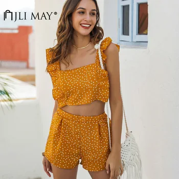 

JLI MAY Polka Dot Two Piece Set Top and Pants Sleeveless Square Collar Patchwork Ruffles Backless Bow Bandage Tops Women Sets