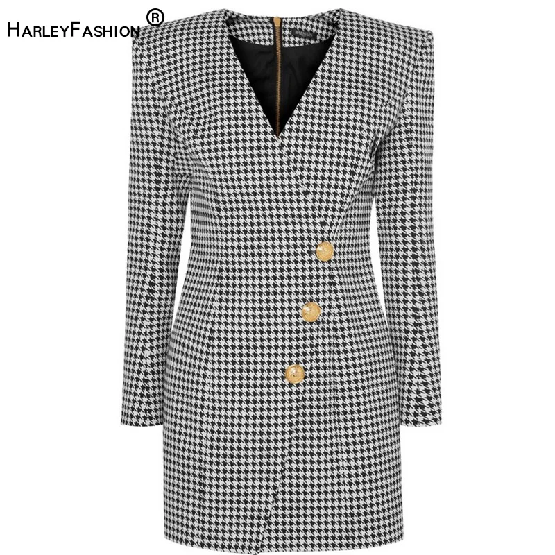 

HarleyFashion Unique Design Long Sleeve Women Straight Short Houndstooth Dress Buttons Casual Quality Dresses