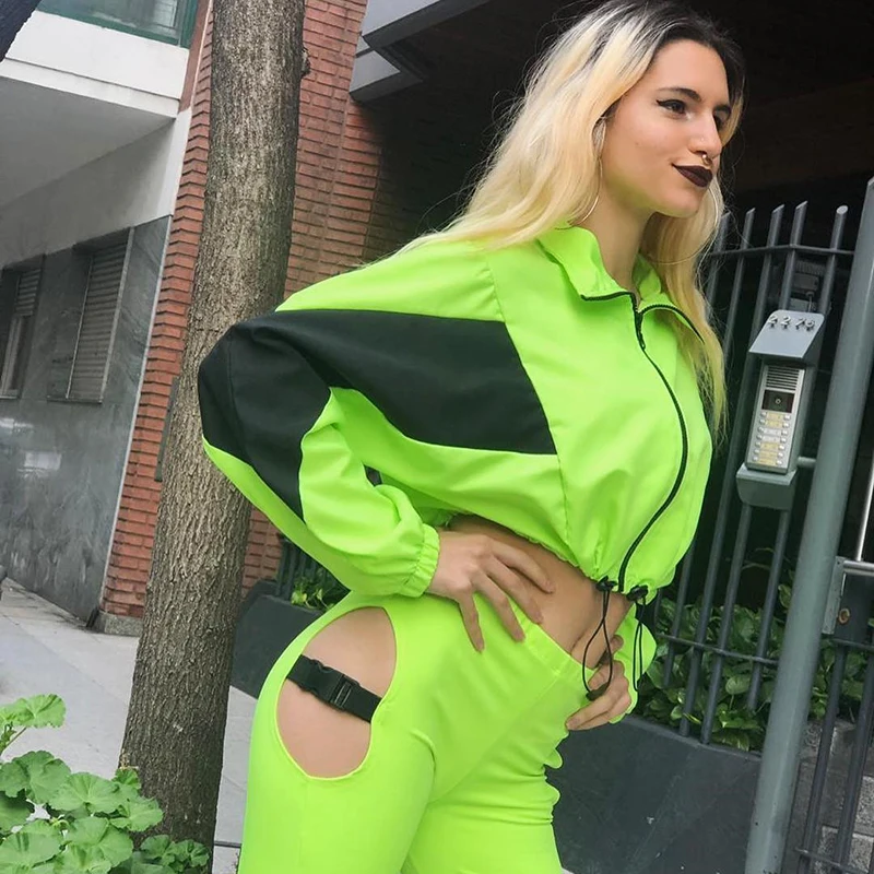 price reduction Sweetown Neon Color Bomber Jacket Women Casual Contrast Color Jackets Coats Long Sleeve Turtleneck